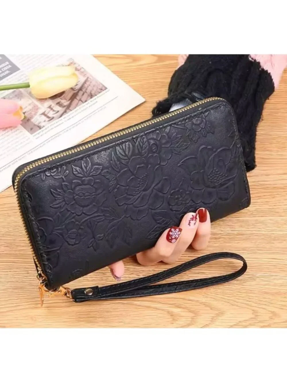 PU Leather Black Floral Embossed Wallet With Wristlet Strap Zipper Closure Multi